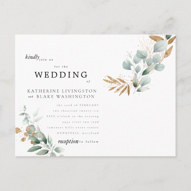 Glam Eucalyptus Budget II Postcard Wedding (Front)