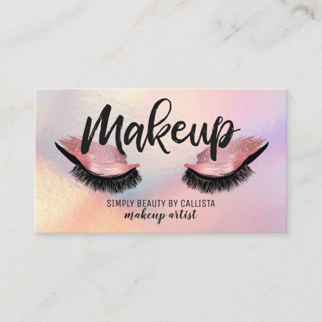 Glam Eyelash Pink Rose Glitter Metallic Makeup Business Card (Front)