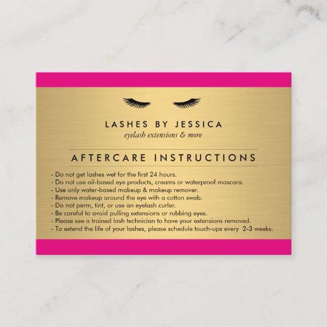 Glam Eyelashes Pink and Gold Aftercare Card (Front)