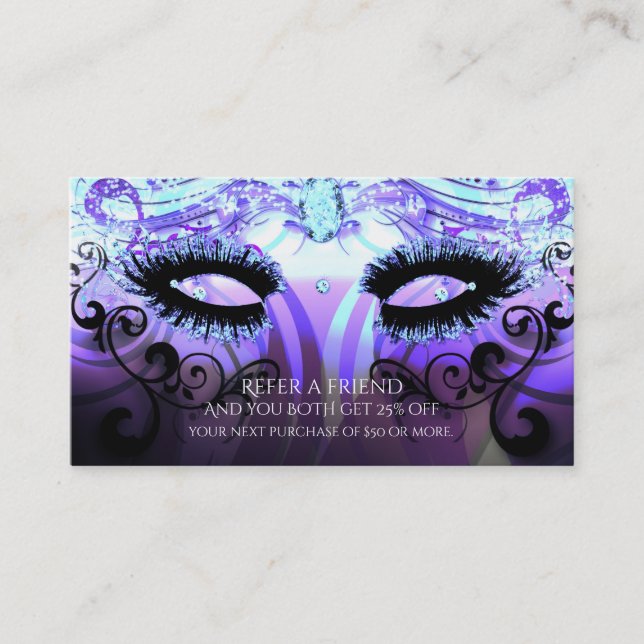 GLAM EYELASHES Purple Beauty Salon Refer a Friend Referral Card (Front)