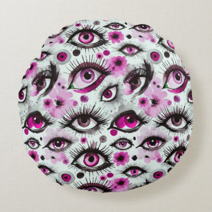 Glam Eyes and Lashes in Pink Watercolor Round Cushion
