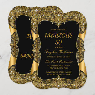 Glam Fabulous 50 Party Black Lace Pearl Gold Invitation