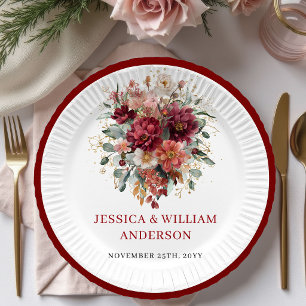 Glam Fall Burgundy Floral Wedding Paper Plates