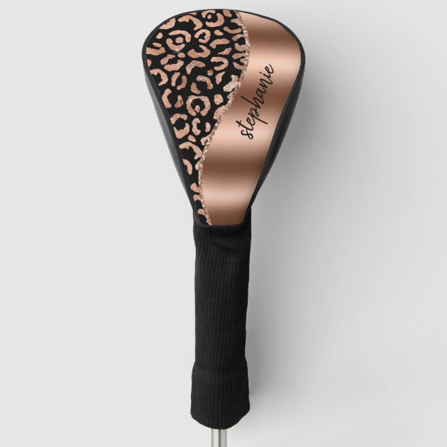 Glam Faux Foil Leopard Spots Rose Gold Black Name Golf Head Cover (Front)