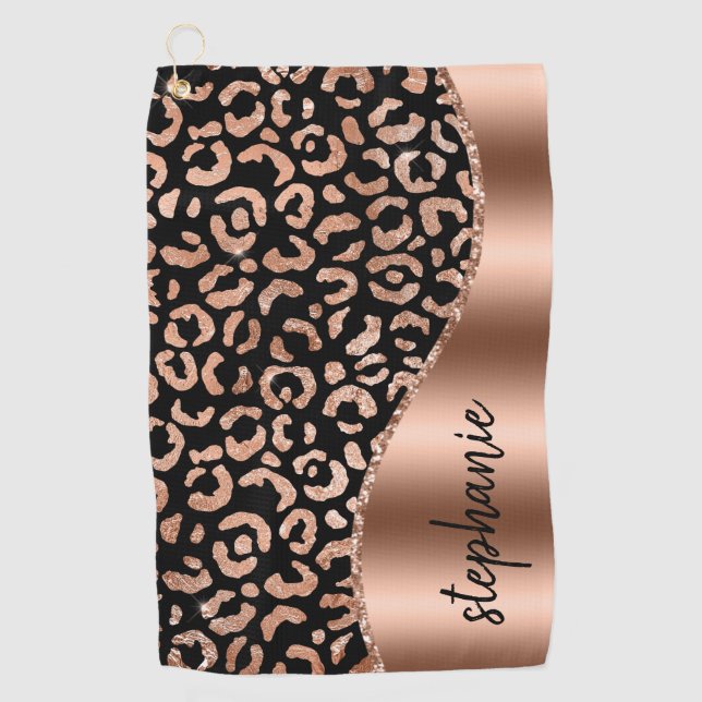 Glam Faux Foil Leopard Spots Rose Gold Black Name Golf Towel (Front)
