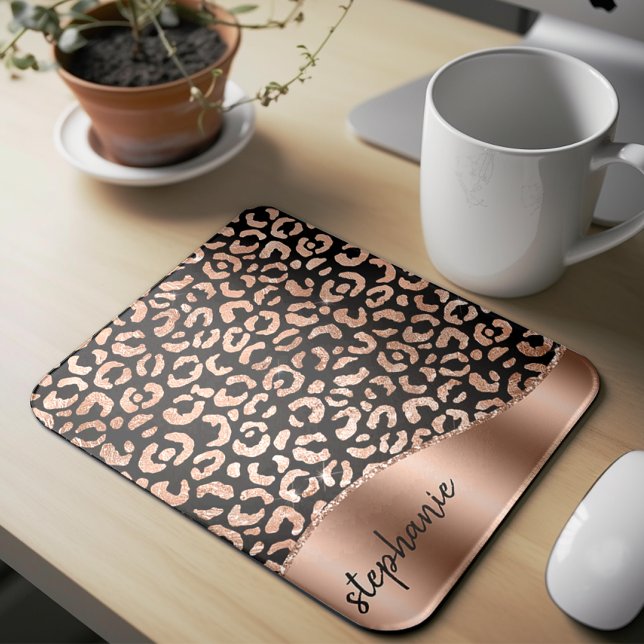 Glam Faux Foil Leopard Spots Rose Gold Black Name Mouse Mat (Creator Uploaded)