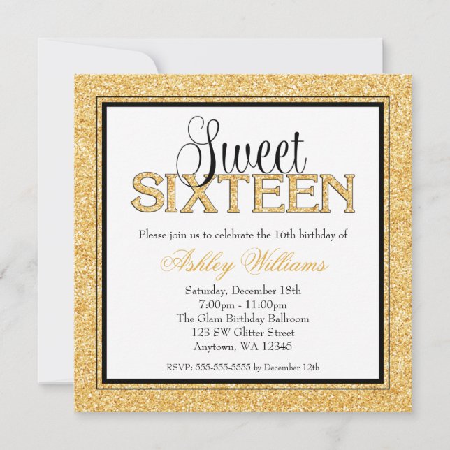 Glam Faux Glitter Gold Black Sweet 16 Invitation (Front)