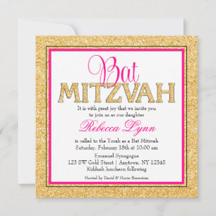 Glam Faux Glitter Gold Pink Bat Mitzvah Invitation