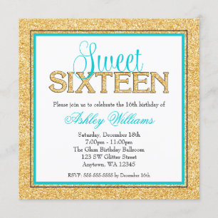 Glam Faux Glitter Gold Teal Sweet 16 Invitation
