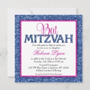Glam Faux Glitter Navy Blue Pink Bat Mitzvah Invitation