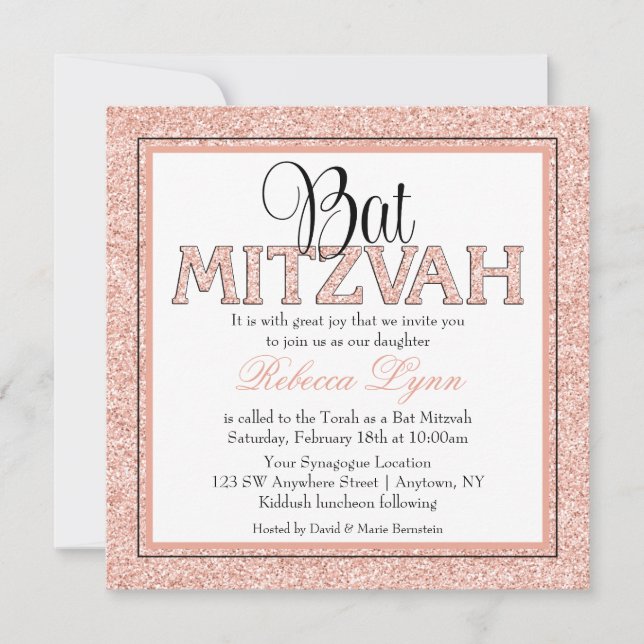 Glam Faux Glitter Rose Gold Bat Mitzvah Invitation (Front)