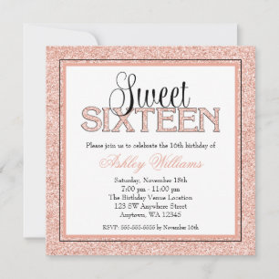 Glam Faux Glitter Rose Gold Sweet 16 Invitations