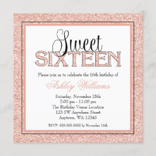 Glam Faux Glitter Rose Gold Sweet 16 Invitations