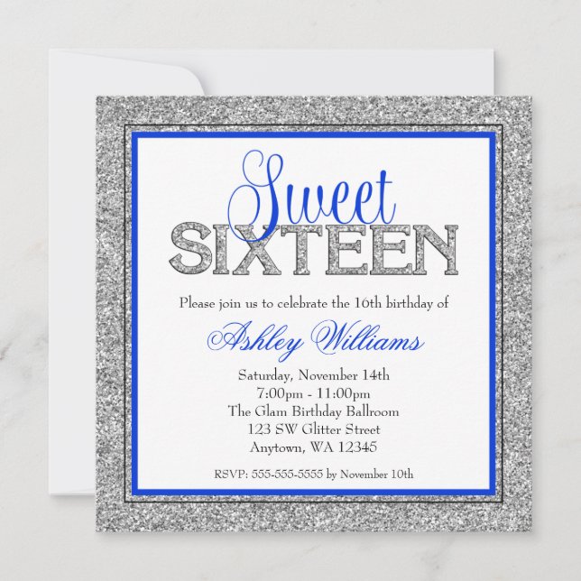 Glam Faux Glitter Silver Blue Sweet 16 Invitation (Front)