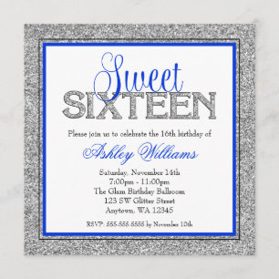Glam Faux Glitter Silver Blue Sweet 16 Invitation