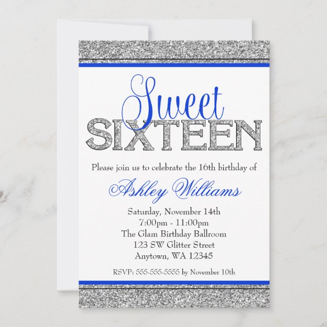 Glam Faux Glitter Silver Blue Sweet 16 Invitation (Front)