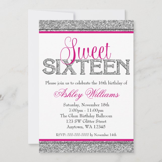 Glam Faux Glitter Silver Hot Pink Sweet 16 Invitation (Front)