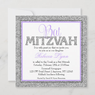 Glam Faux Glitter Silver Lavender Bat Mitzvah Invitation