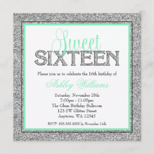 Glam Faux Glitter Silver Mint Seafoam Sweet 16 Invitation