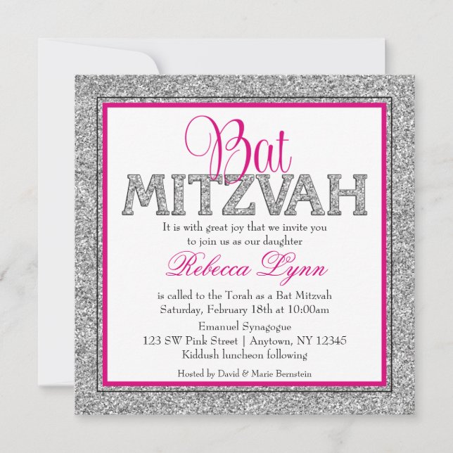 Glam Faux Glitter Silver Pink Bat Mitzvah Invitation (Front)