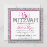 Glam Faux Glitter Silver Pink Bat Mitzvah Invitation<br><div class="desc">A modern Bat Mitzvah party invitation. Featuring a faux silver glitter design with accents of pink and black. Designs are flat printed graphics - NOT ACTUAL GLITTER.</div>