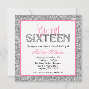 Glam Faux Glitter Silver Pink Sweet 16 Invitation