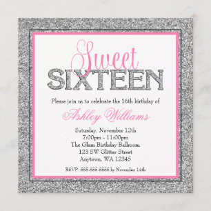 Glam Faux Glitter Silver Pink Sweet 16 Invitation