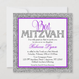 Glam Faux Glitter Silver Purple Bat Mitzvah Invitation