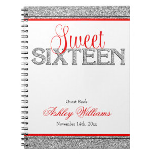 Glam Faux Glitter Silver Red Sweet 16 Guest Book