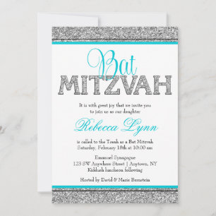 Glam Faux Glitter Silver Teal Blue Bat Mitzvah Invitation