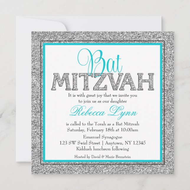Glam Faux Glitter Silver Teal Blue Bat Mitzvah Invitation (Front)