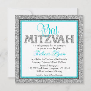 Glam Faux Glitter Silver Teal Blue Bat Mitzvah Invitation