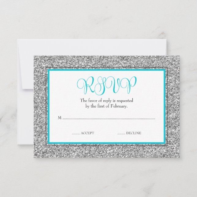 Glam Faux Glitter Silver Teal Blue RSVP (Front)