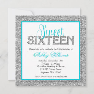 Glam Faux Glitter Silver Teal Blue Sweet 16 Invitation