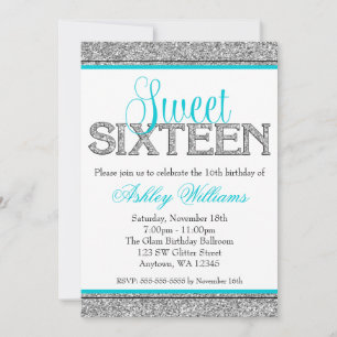 Glam Faux Glitter Silver Teal Blue Sweet 16 Invitation
