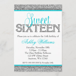 Glam Faux Glitter Silver Teal Blue Sweet 16 Invitation