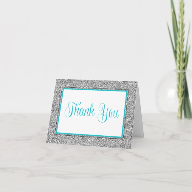 Glam Faux Glitter Silver Teal Blue Thank You (Front)