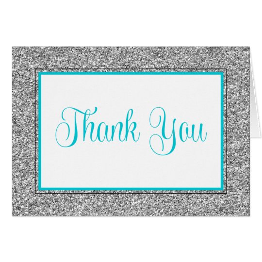 Glam Faux Glitter Silver Teal Blue Thank You Card