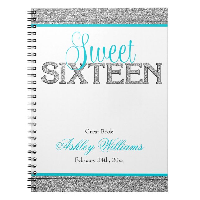 Glam Faux Glitter Silver Teal Sweet 16 Guest Book (Front)