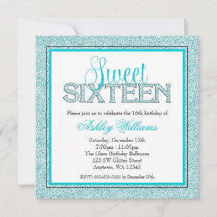 Glam Faux Glitter Teal Blue Sweet 16 Invitation