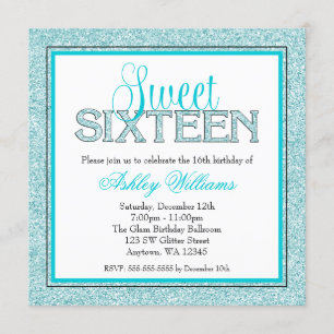 Glam Faux Glitter Teal Blue Sweet 16 Invitation