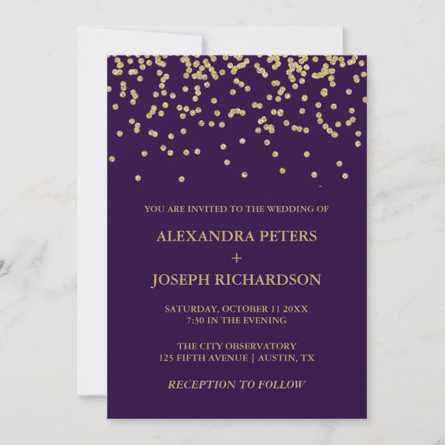 Glam Faux Gold Confetti and Deep Purple Wedding Invitation (Front)