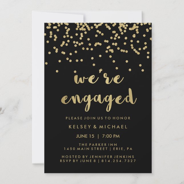 Glam Faux Gold Confetti on Black Engagement Party Invitation (Front)