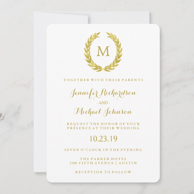 Glam Faux Gold Foil Laurel Wreath Monogram Wedding Invitation (Front)