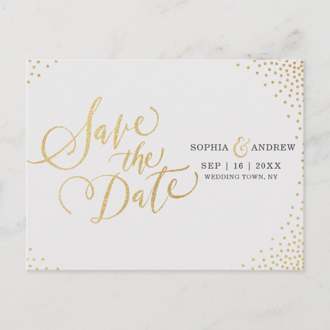 Glam faux gold glitter calligraphy save the date announcement postcard (Front)