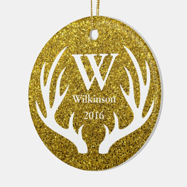 Glam Faux Gold Glitter Deer Antlers Family Name Ceramic Tree Decoration (Left)
