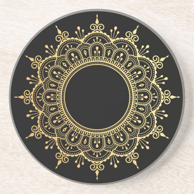 Glam faux gold mandala black coaster (Front)