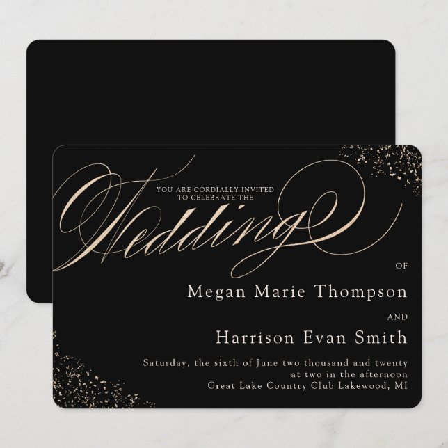 Glam Faux Gold Speckle Calligraphy Script Wedding Invitation (Front/Back)