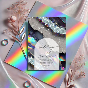 Glam Faux Holographic Agate Geode Wedding QR Code Invitation