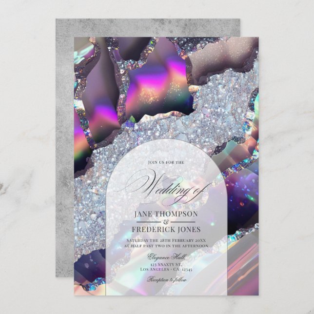 Glam Faux Holographic Agate Marble Geode Wedding Invitation (Front/Back)